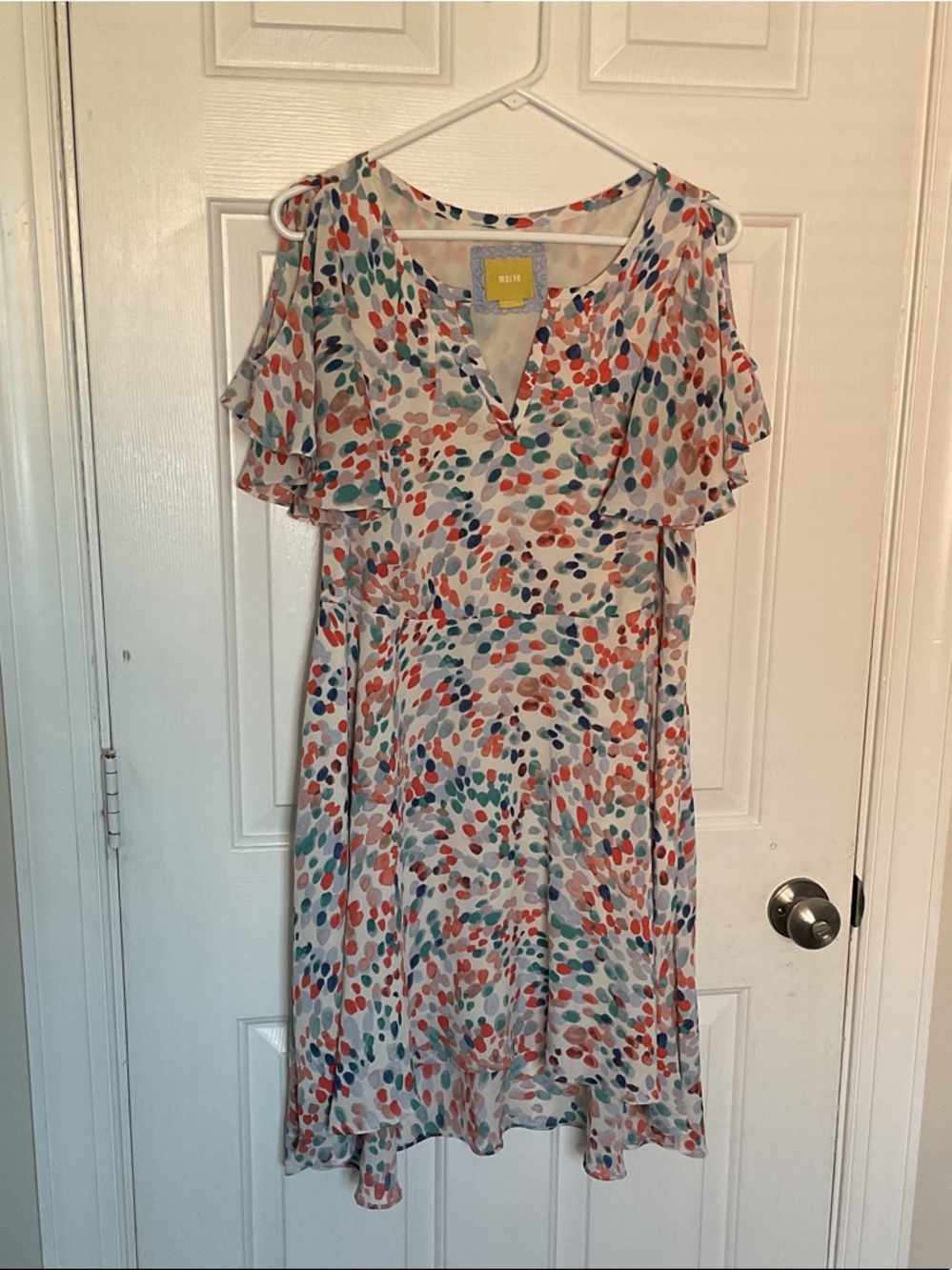Anthropologie Maeve White Midi Dress with Coral, Teal & Navy Dot Print